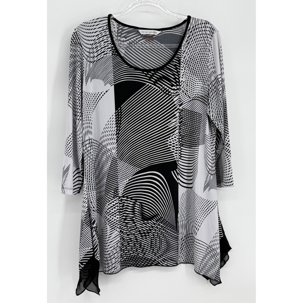 Peter Nygard Women Black White Geometric Abstract Sharkbite Tunic Top Sz L